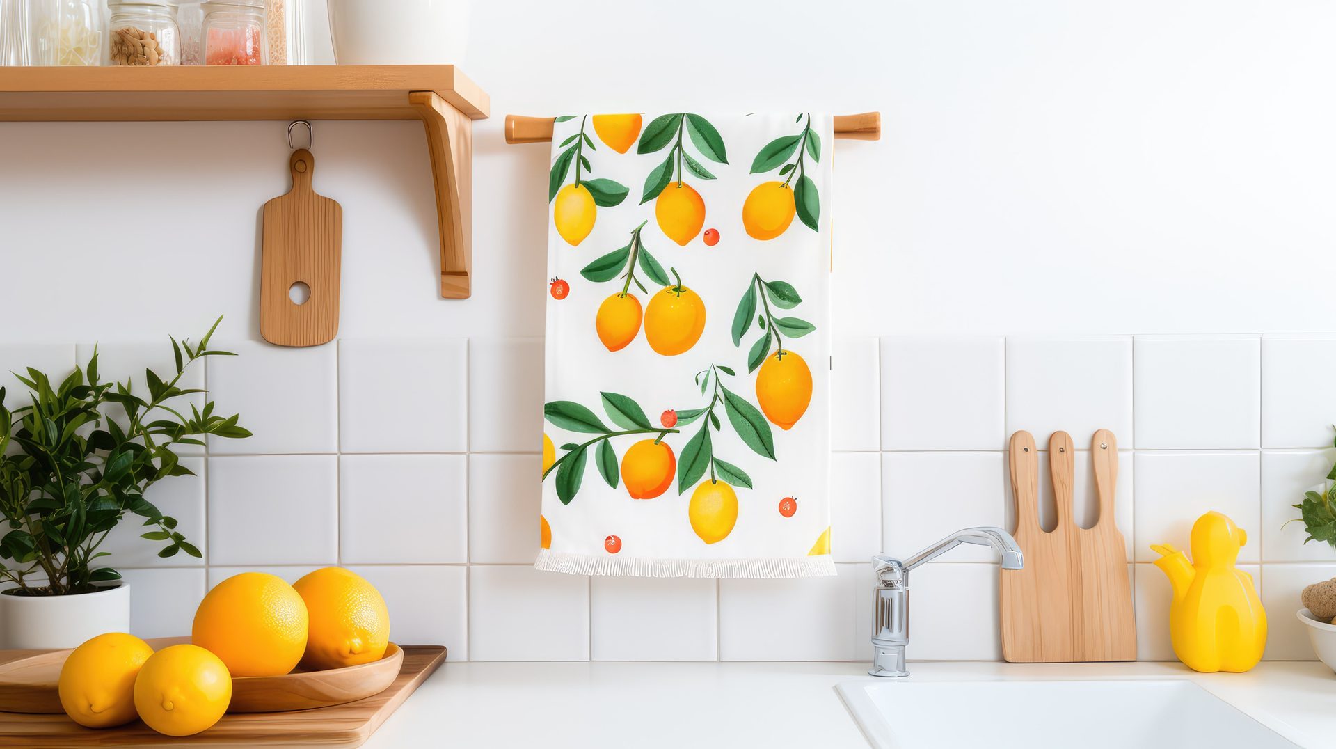 Essuie-verres microfibre au motif agrumes dans une cuisine